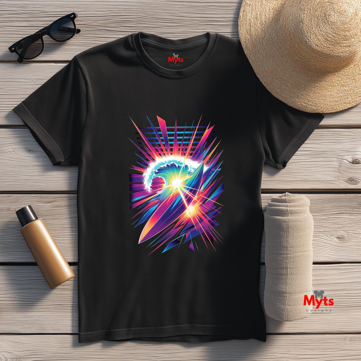 Black t-shirt with colorful abstract design on a wooden surface with accessories.