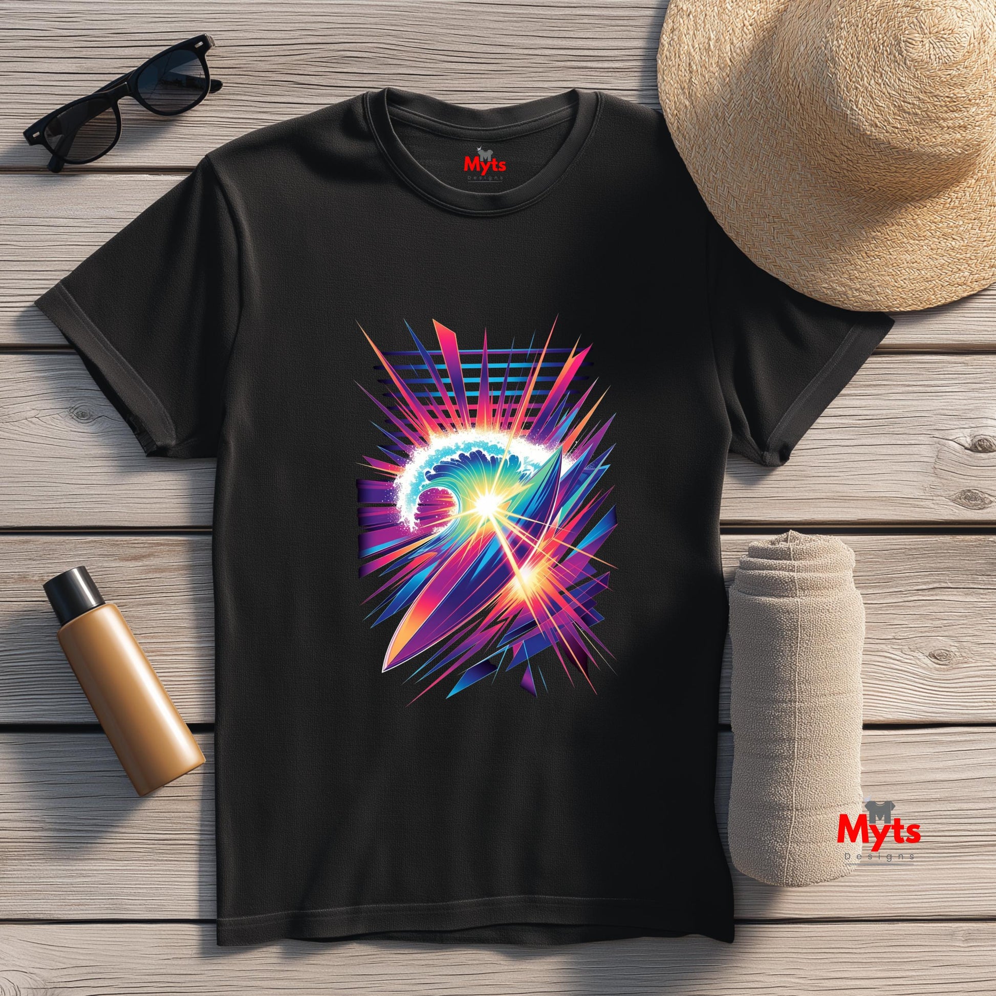 Black t-shirt with colorful abstract design on a wooden surface with accessories.