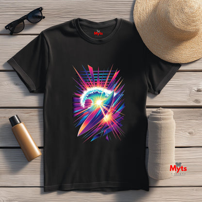 Black t-shirt with colorful abstract design on a wooden surface with accessories.