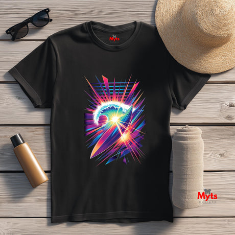 Black t-shirt with colorful abstract design on a wooden surface with accessories.