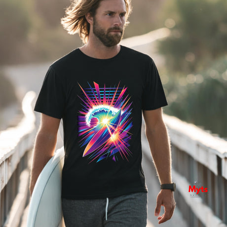 Man wearing a black t-shirt with a colorful graphic design, holding a surfboard on a bridge.