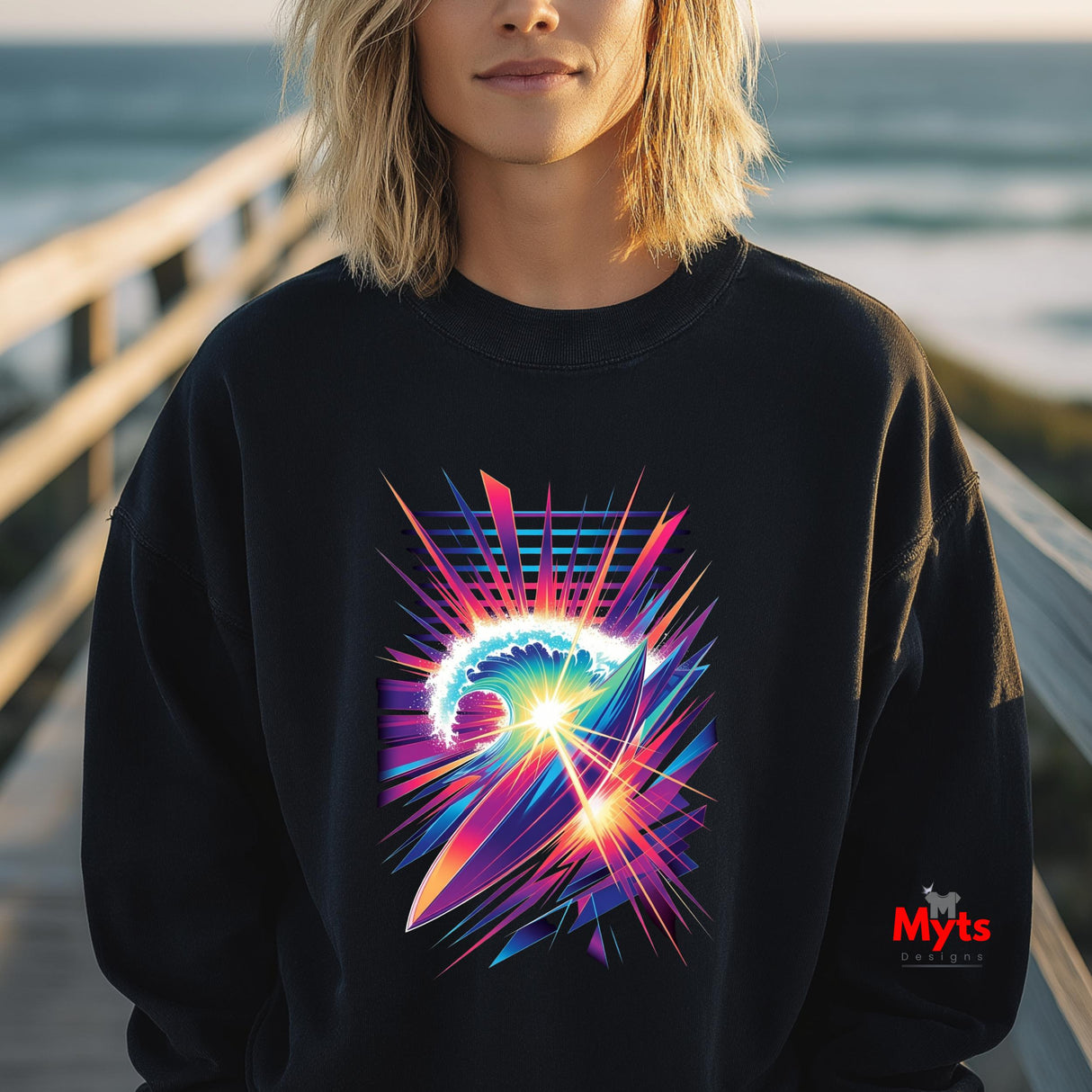 Neon Surf Burst Graphic Sweatshirt – Retro Wave Unisex Crewneck