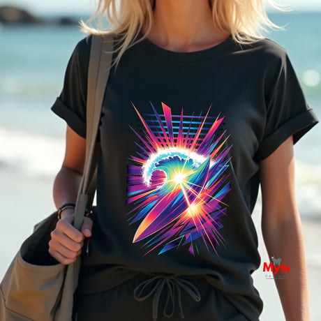 Person wearing a black t-shirt with a colorful abstract design on a beach.