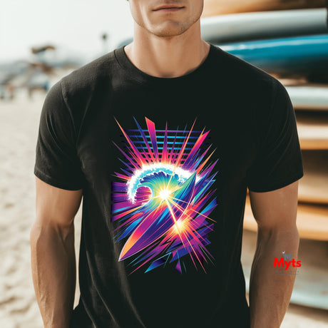 Person wearing a black t-shirt with a colorful graphic design on a beach.