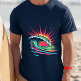 Navy t-shirt with a colorful wave design on a blurred beach background