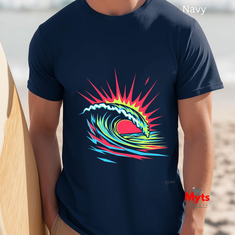 Navy t-shirt with a colorful wave design on a blurred beach background
