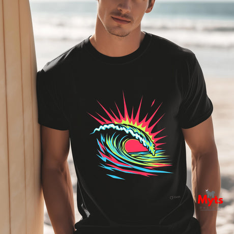 Man wearing a black t-shirt with a colorful wave design on a beach.