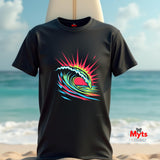 Black t-shirt with colorful wave design on a beach background