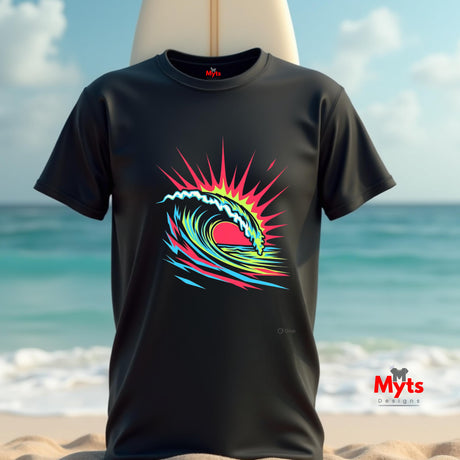 Black t-shirt with colorful wave design on a beach background