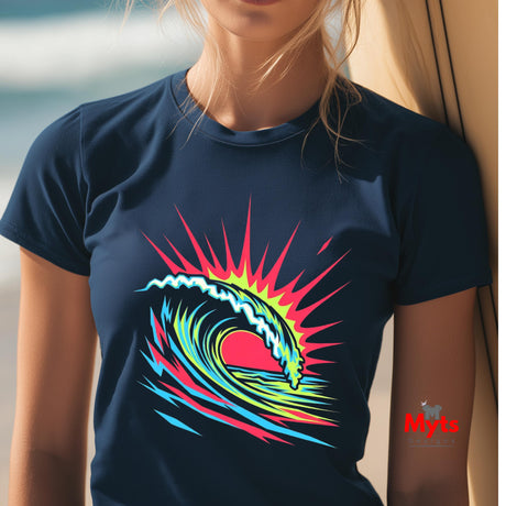 Person wearing a navy blue t-shirt with a colorful wave design, standing by a body of water.