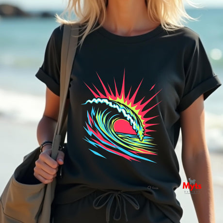 Person wearing a black t-shirt with a colorful wave design on a beach.