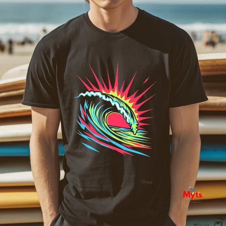 Person wearing a black t-shirt with a colorful wave design, standing in front of surfboards on a beach.