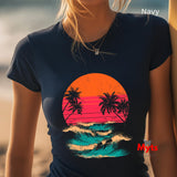 Retro Sunset Palm Tree Wave T-Shirt – Unisex Vintage Beach Tee