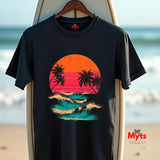 Retro Sunset Palm Tree Wave T-Shirt – Unisex Vintage Beach Tee