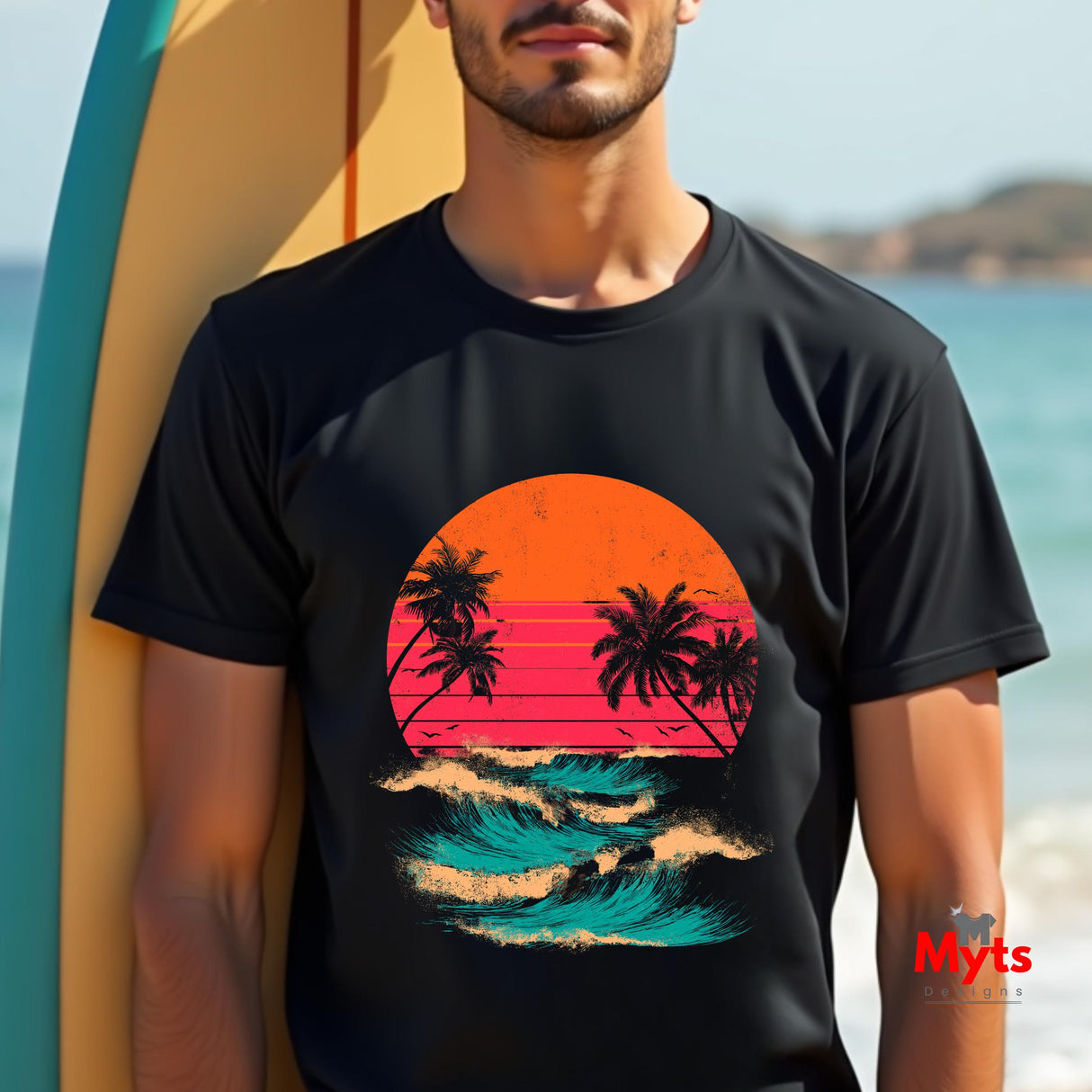 Retro Sunset Palm Tree Wave T-Shirt – Unisex Vintage Beach Tee