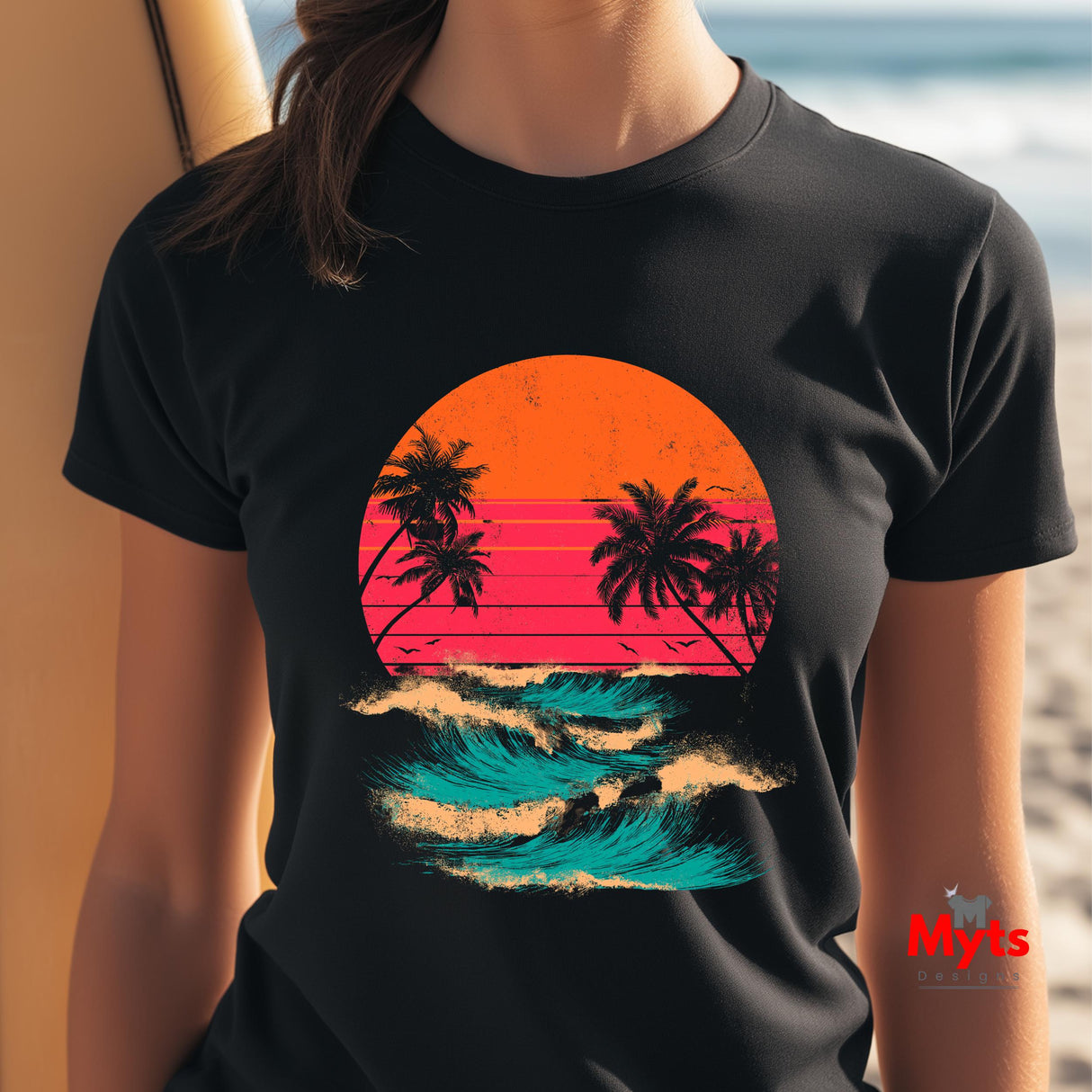 Retro Sunset Palm Tree Wave T-Shirt – Unisex Vintage Beach Tee