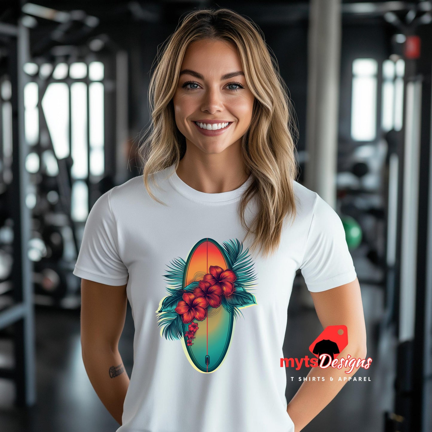 Girl wearing white Hibiscus Surf Tee