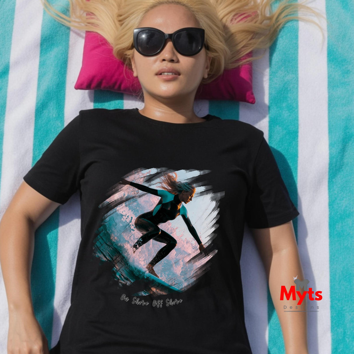 On Shore Off Shore Women's Surf T-Shirt | Graphic Beach Tee | Mytsdesigns