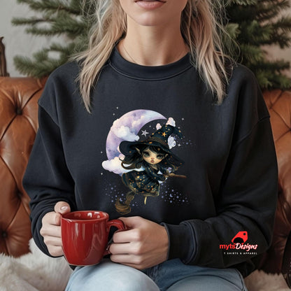 Person wearing a black sweatshirt with a witch design, holding a red mug, sitting on a brown leather couch.