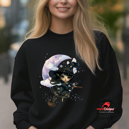 Person wearing a black sweatshirt with a cartoon character and moon design, with 'mystic Designs' logo.