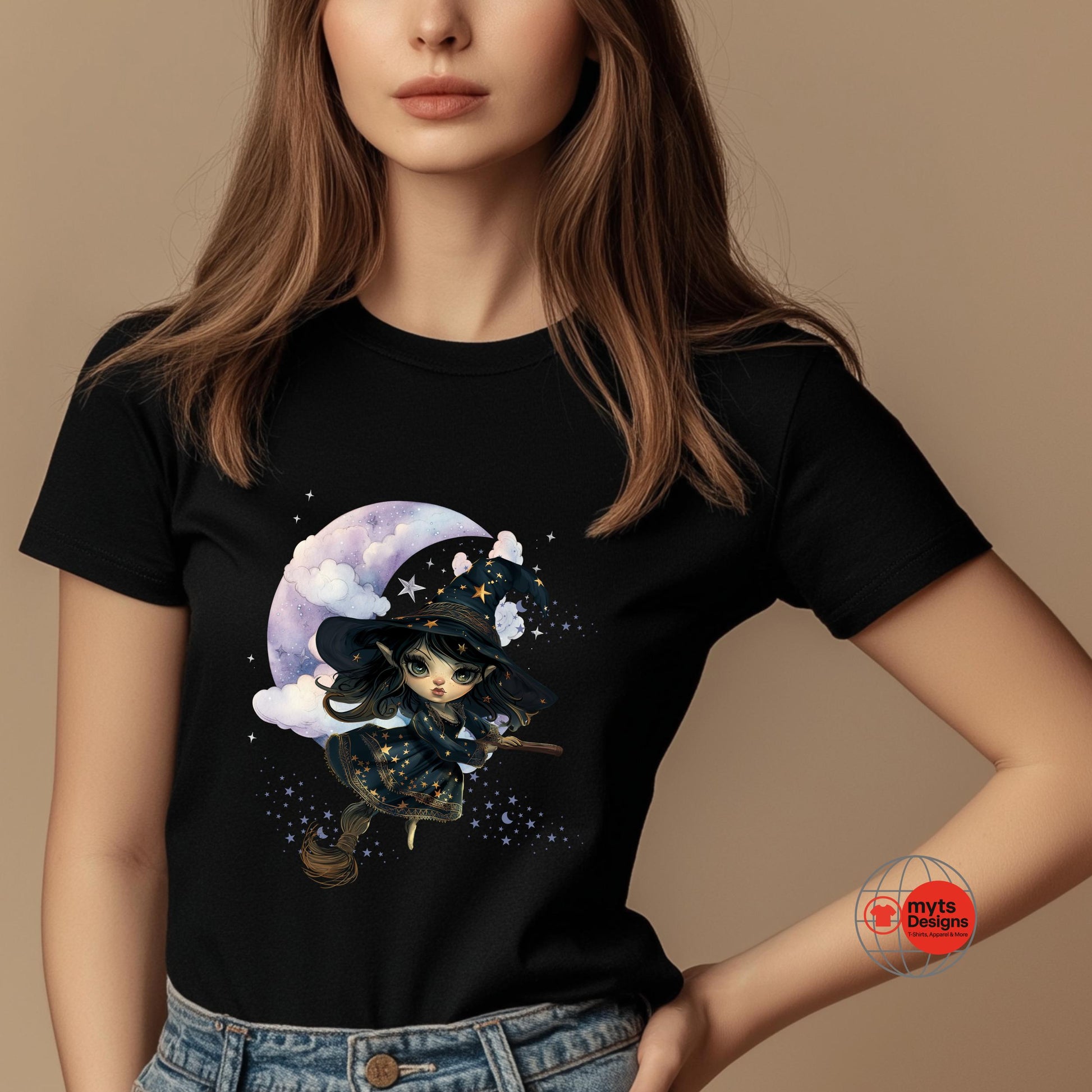 Person wearing a black t-shirt with a witch graphic design on a beige background