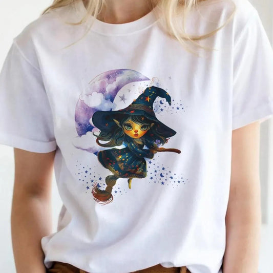 White t-shirt with a colorful witch graphic on a plain background