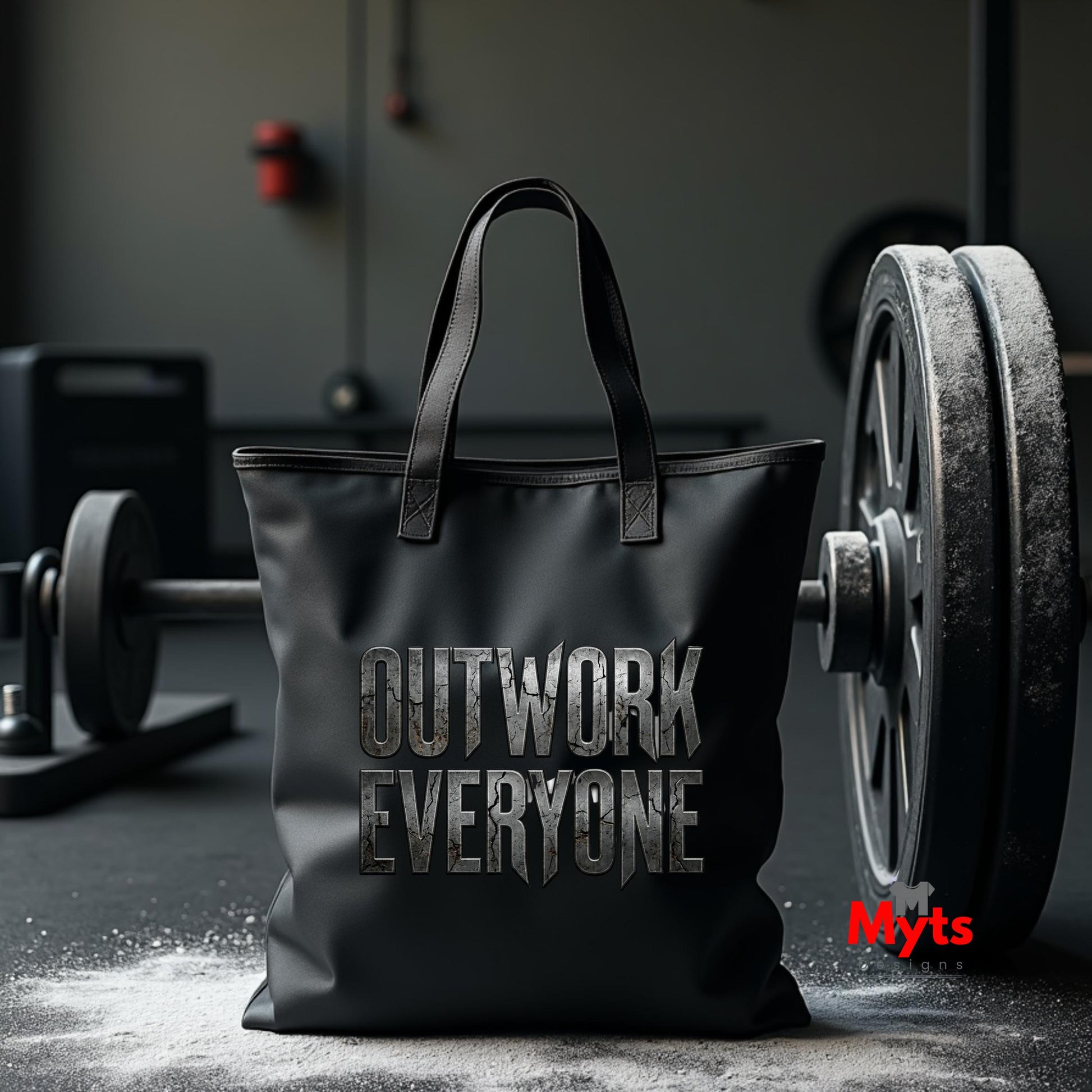 Black tote bag with 'OUTWORK EVERYONE' text in a gym setting, featuring the brand 'Myts'.