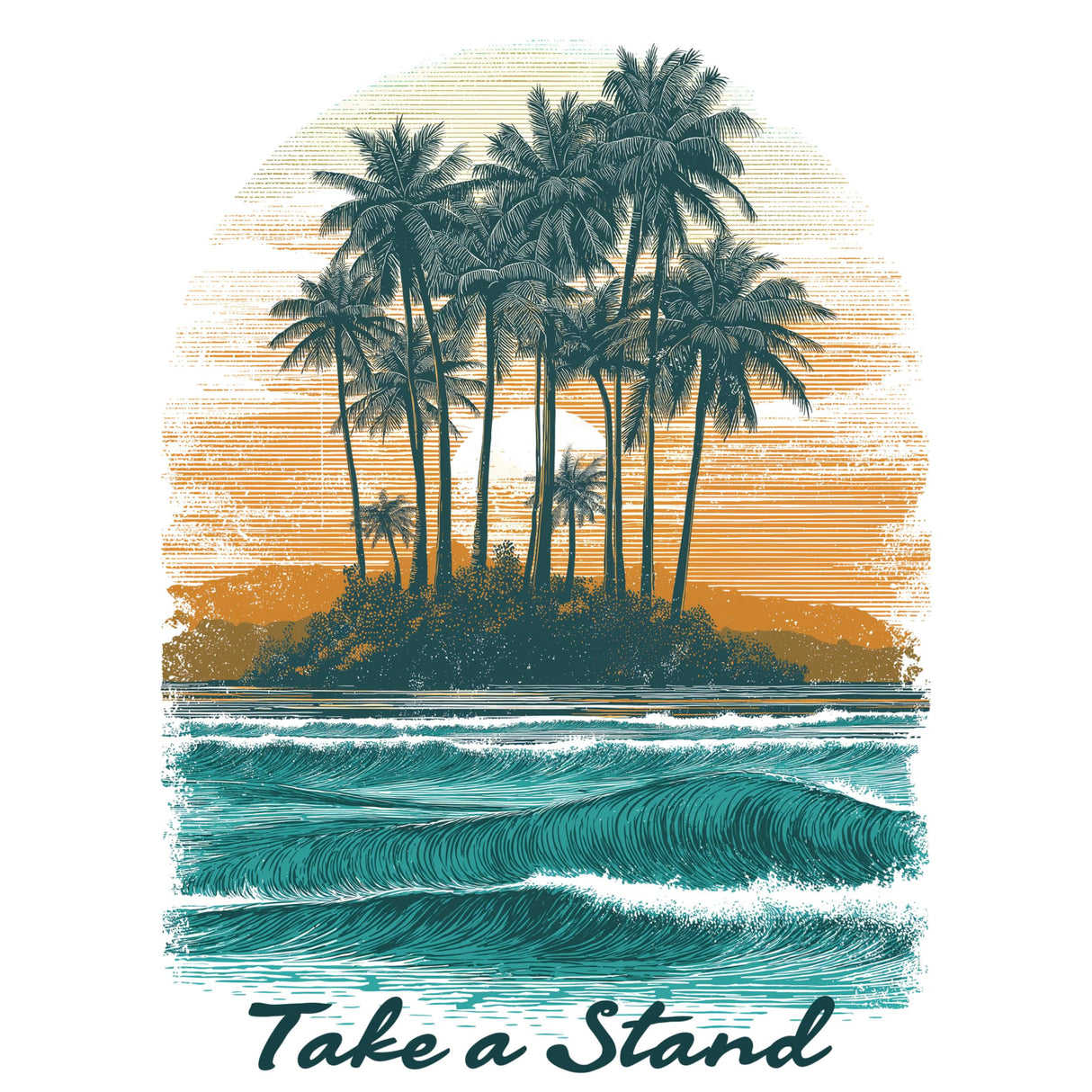 Tropical island scene with palm trees and ocean waves, featuring the text 'Take a Stand'.