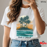Person wearing a white t-shirt with a tropical island graphic and 'Take a Stand' text, holding a phone.