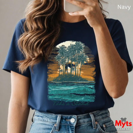 Person wearing a navy t-shirt with a tropical island graphic and 'Take a Stand' text.