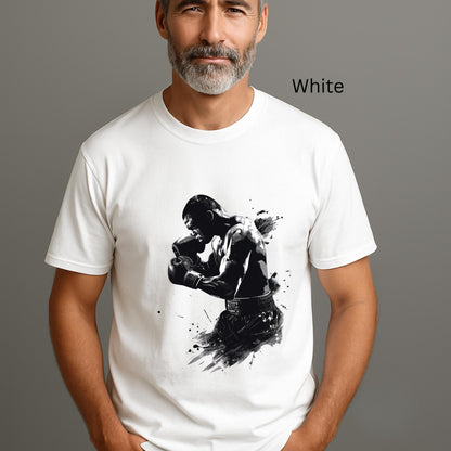 Man wearing a white t-shirt with a black graphic design on a gray background
