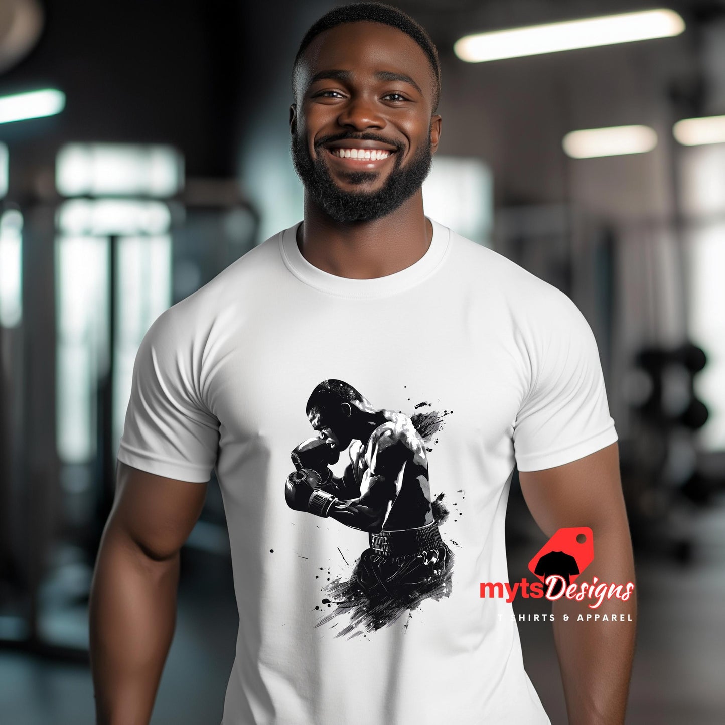 Man wearing a white t-shirt with a black graphic design in a gym setting