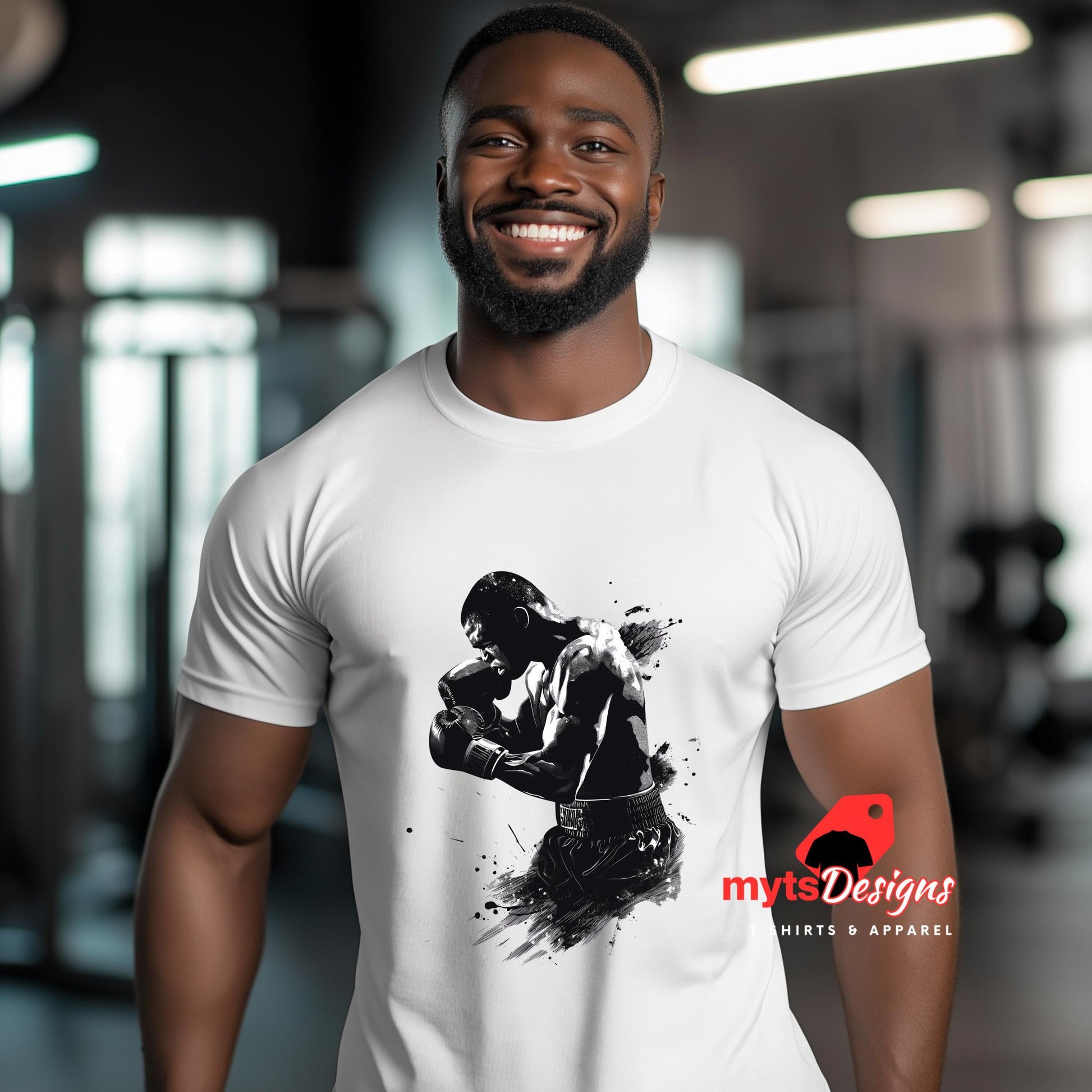 Man wearing a white t-shirt with a black graphic design in a gym setting