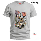 An ice grey short-sleeve crewneck t-shirt featuring a detailed graphic print of a brown rabbit surrounded by pink tulips and white daisies. The text 'Ice Grey' is displayed in the top right corner, and the 'Myts' brand logo is visible on the bottom right.