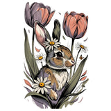 A stylized illustration of a rabbit nestled among tulips and daisies on a plain white background.