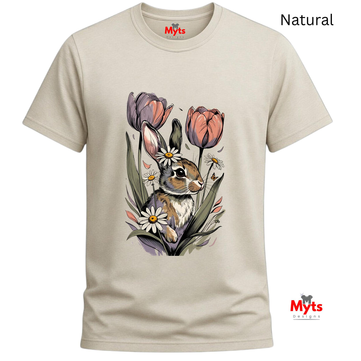 A Natural crewneck t-shirt with a colorful graphic of a rabbit surrounded by tulips and daisies, displayed on a white background with 'Myts' brand logos and a 'Natural' label.
