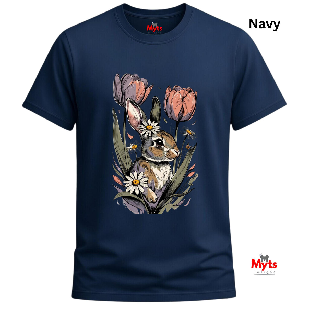 A navy blue short-sleeve t-shirt with a detailed graphic print of a rabbit nestled among pink tulips, white daisies, and green leaves. The word 'Navy' is printed in black in the top right corner, and the 'Myts' brand logo is visible on the inner neck label and as a watermark in the bottom right corner.