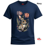 A navy blue short-sleeve t-shirt with a detailed graphic print of a rabbit nestled among pink tulips, white daisies, and green leaves. The word 'Navy' is printed in black in the top right corner, and the 'Myts' brand logo is visible on the inner neck label and as a watermark in the bottom right corner.