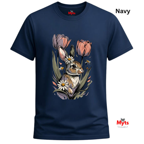 A navy blue short-sleeve t-shirt with a detailed graphic print of a rabbit nestled among pink tulips, white daisies, and green leaves. The word 'Navy' is printed in black in the top right corner, and the 'Myts' brand logo is visible on the inner neck label and as a watermark in the bottom right corner.