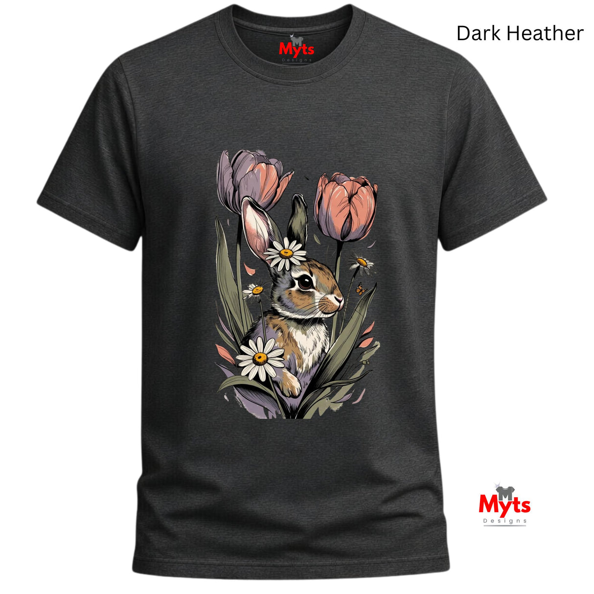 A dark heather gray t-shirt with a colorful graphic of a rabbit surrounded by tulips and daisies. The text 'Dark Heather' is visible in the top right corner, and the 'Myts' brand logo is visible on the inner neck label and as a watermark in the bottom right corner.