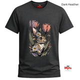 A dark heather gray t-shirt with a colorful graphic of a rabbit surrounded by tulips and daisies. The text 'Dark Heather' is visible in the top right corner, and the 'Myts' brand logo is visible on the inner neck label and as a watermark in the bottom right corner.