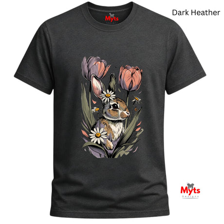 A dark heather gray t-shirt with a colorful graphic of a rabbit surrounded by tulips and daisies. The text 'Dark Heather' is visible in the top right corner, and the 'Myts' brand logo is visible on the inner neck label and as a watermark in the bottom right corner.