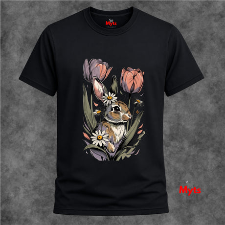 A black short-sleeve crewneck t-shirt featuring a detailed graphic print of a rabbit nestled among pink tulips, white daisies, and green leaves. The t-shirt is displayed against a textured gray background, with the red 'Myts' brand logo visible on the inner neck label and as a watermark in the bottom right corner.