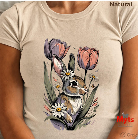 A person wearing a lNatural short-sleeve T-shirt with a large printed illustration of a rabbit surrounded by tulips and daisies. The top right corner reads 'Natural', and the bottom right shows the 'Myts Designs' and 'Grok' logos.