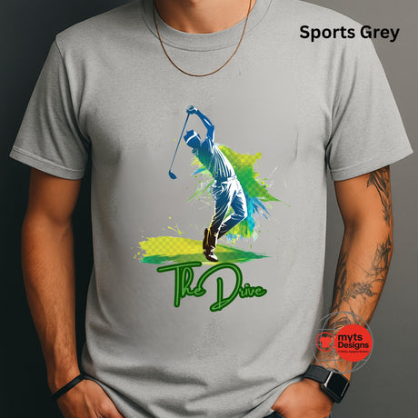 Gray t-shirt with a colorful golf graphic and 'The Drive' text on a dark background