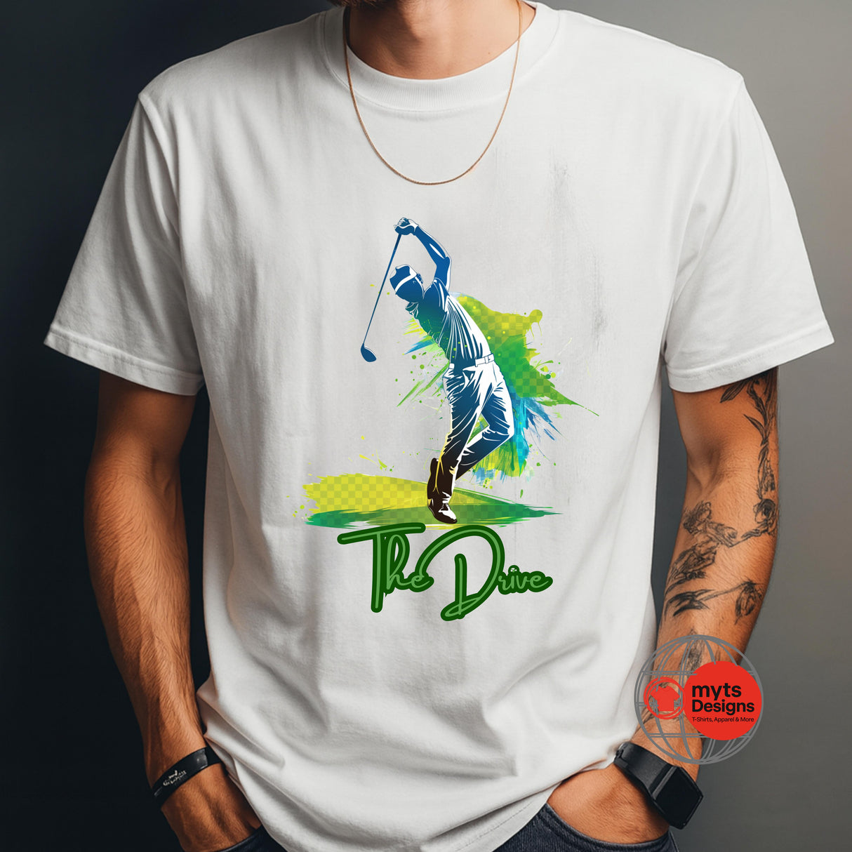 White t-shirt with a colorful golf graphic and 'The Dive' text on a dark background