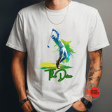 White t-shirt with a colorful golf graphic and 'The Dive' text on a dark background
