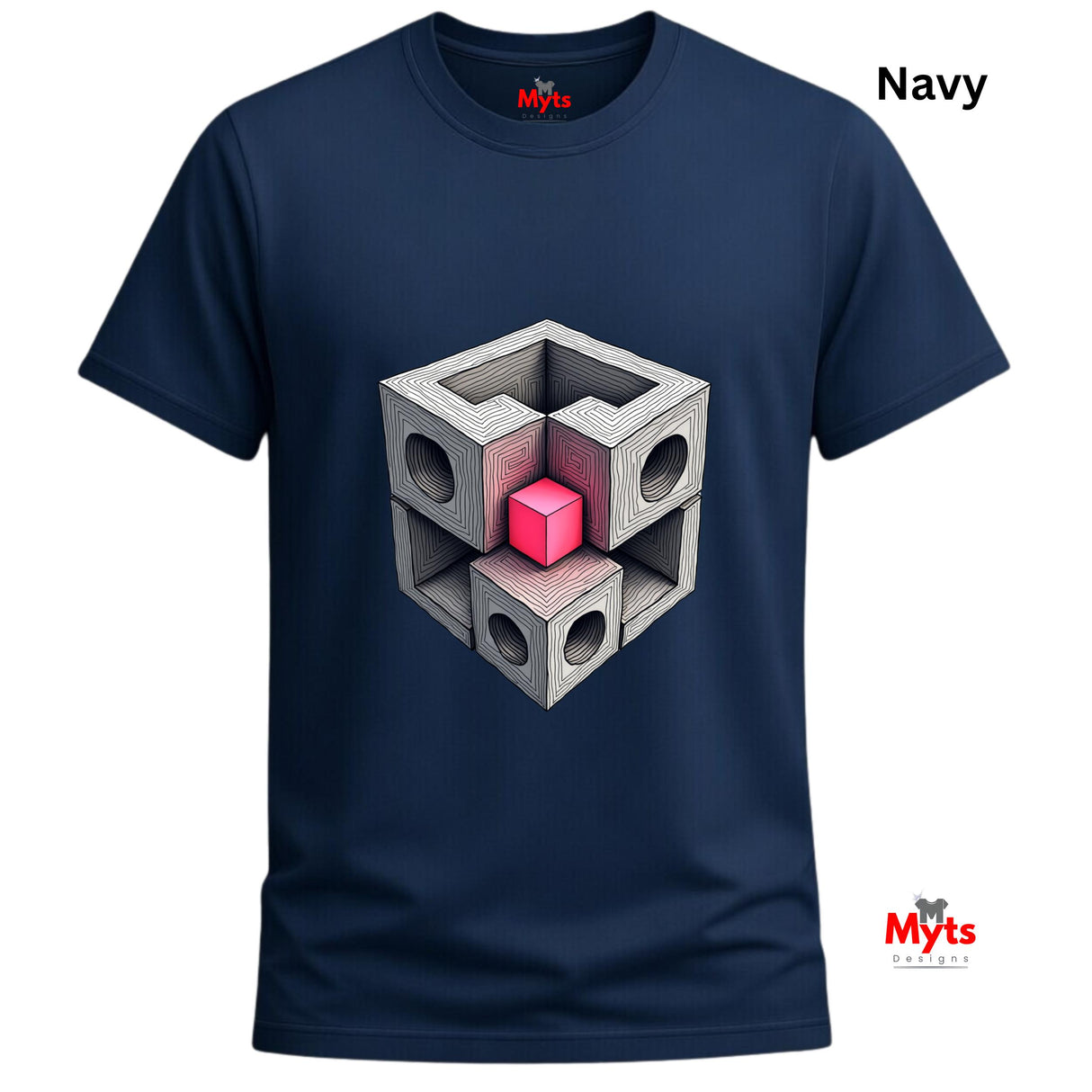 Navy blue t-shirt with geometric cube design in the center, brand 'Myts' visible.