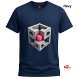 Navy blue t-shirt with geometric cube design in the center, brand 'Myts' visible.