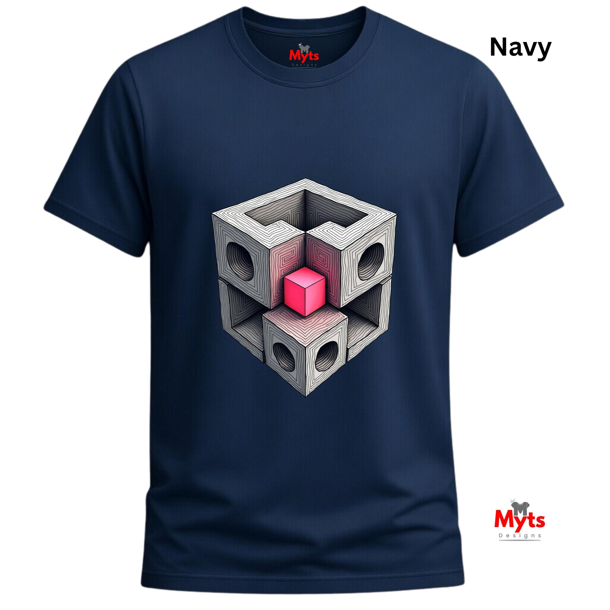 Navy blue t-shirt with geometric cube design in the center, brand 'Myts' visible.